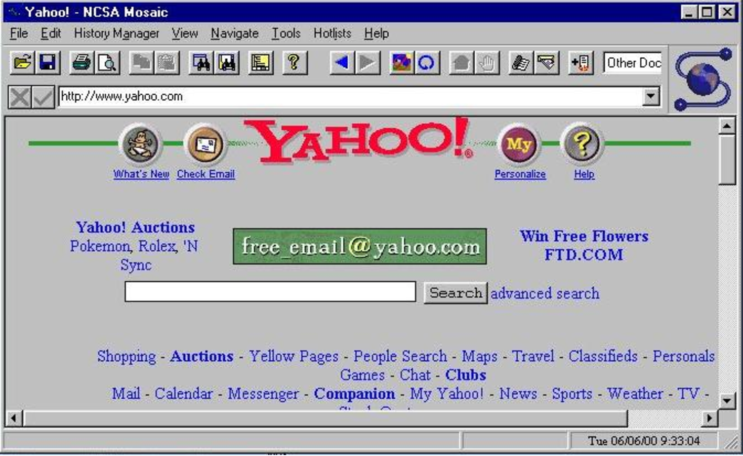 Homepage van Yahoo, browser Mosaic 3.0