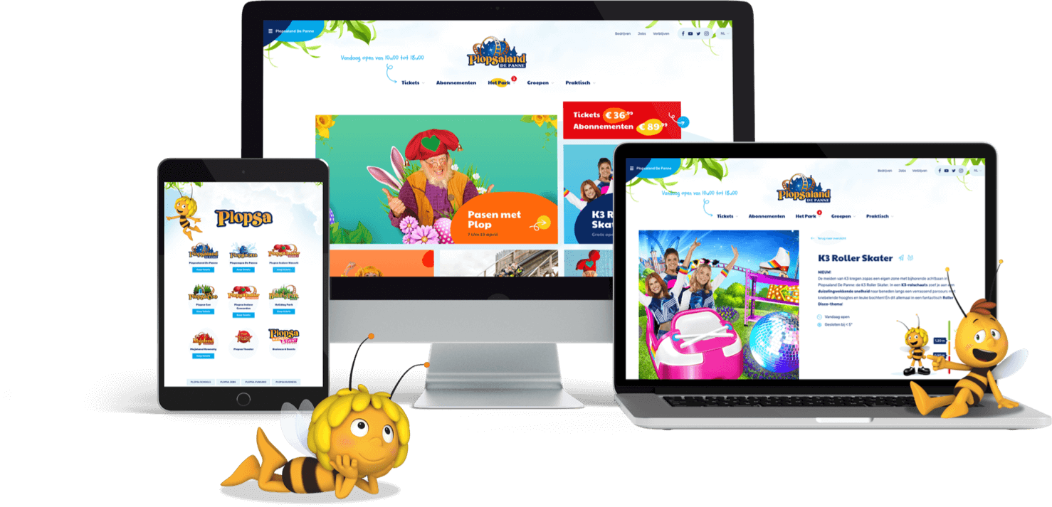 De Plopsaland website weergegeven op een tablet, een desktop en een laptop.